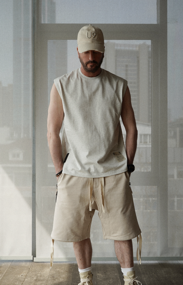 sleeveless relaxed fit tee shirt. grey marl
