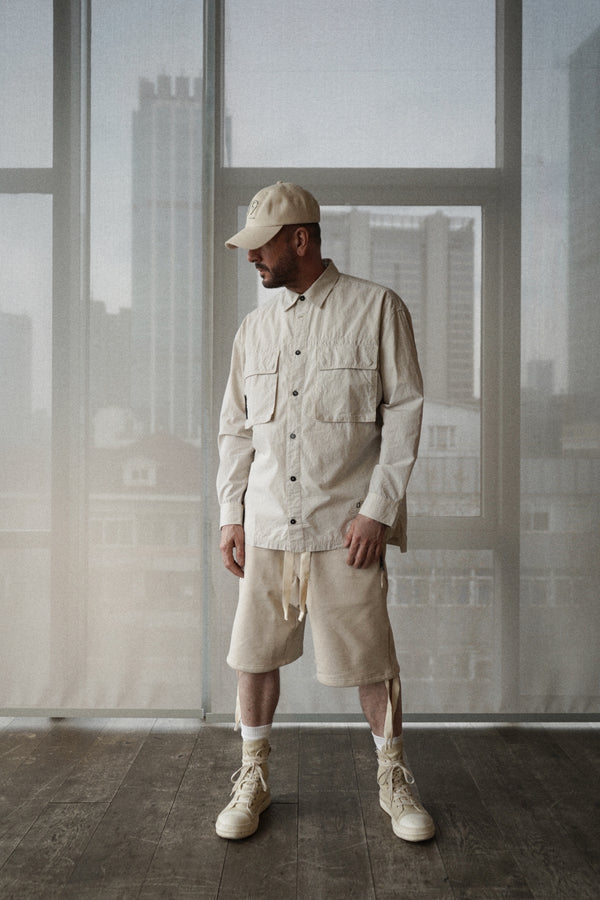 striped workwear shirt. ecru stripe
