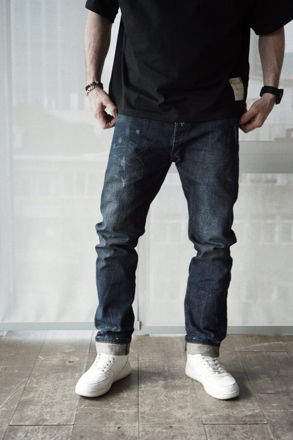 slim fit denim jeans with selvedge. dark indigo wash
